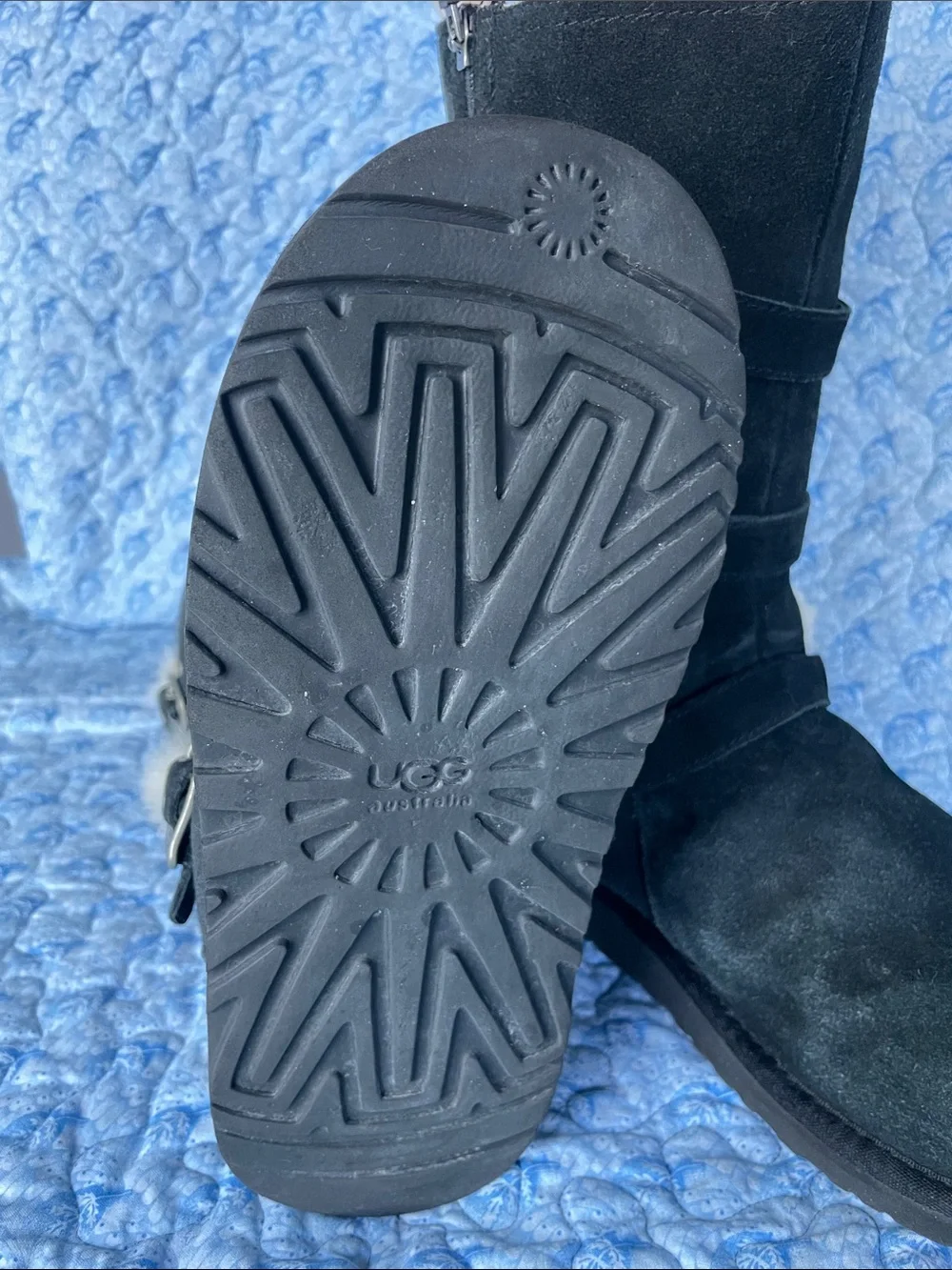 UGG Black Suede Shearling-Trim Buckle Mid-Calf Boots